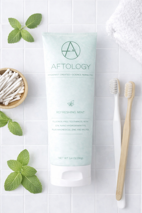 Aftology nano-hydroxyapatite toothpaste tube beside two toothbrushes and cotton swabs on clean white surface