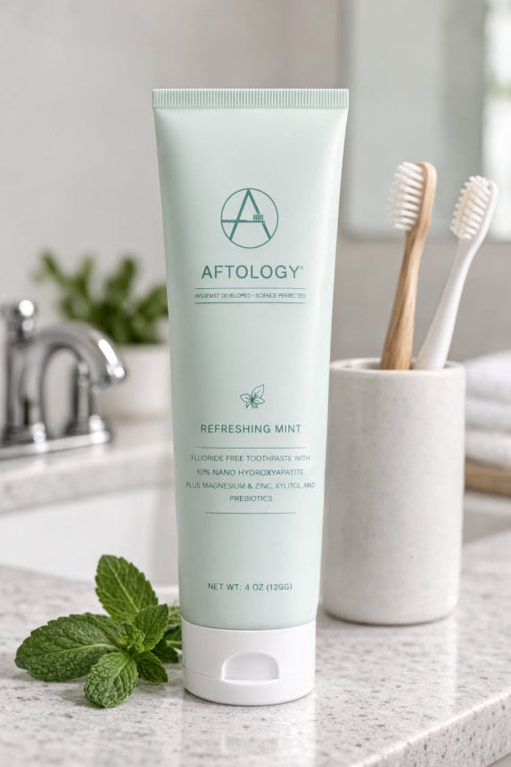 Aftology Nano-Hydroxyapatite Toothpaste bathroom setting.